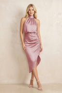 High Neck Sheath Ruched Bridesmaid Dress With Bow in Toffee - KissProm Bridesmaid Dresses