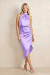 High Neck Sheath Ruched Bridesmaid Dress With Bow in Vintage Mauve - KissProm Bridesmaid Dresses