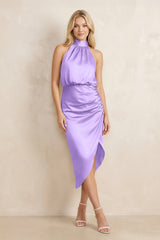 High Neck Sheath Ruched Bridesmaid Dress With Bow in Vintage Mauve - KissProm Bridesmaid Dresses