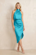 High Neck Sheath Ruched Bridesmaid Dress With Bow in Viridian Green - KissProm Bridesmaid Dresses