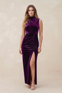 High Neck Sheath Velvet Bridesmaid Dress With Slit in Amethyst - KissProm Bridesmaid Dresses