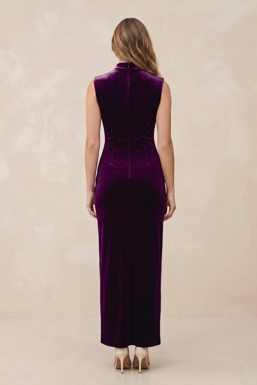 High Neck Sheath Velvet Bridesmaid Dress With Slit in Amethyst - KissProm Bridesmaid Dresses