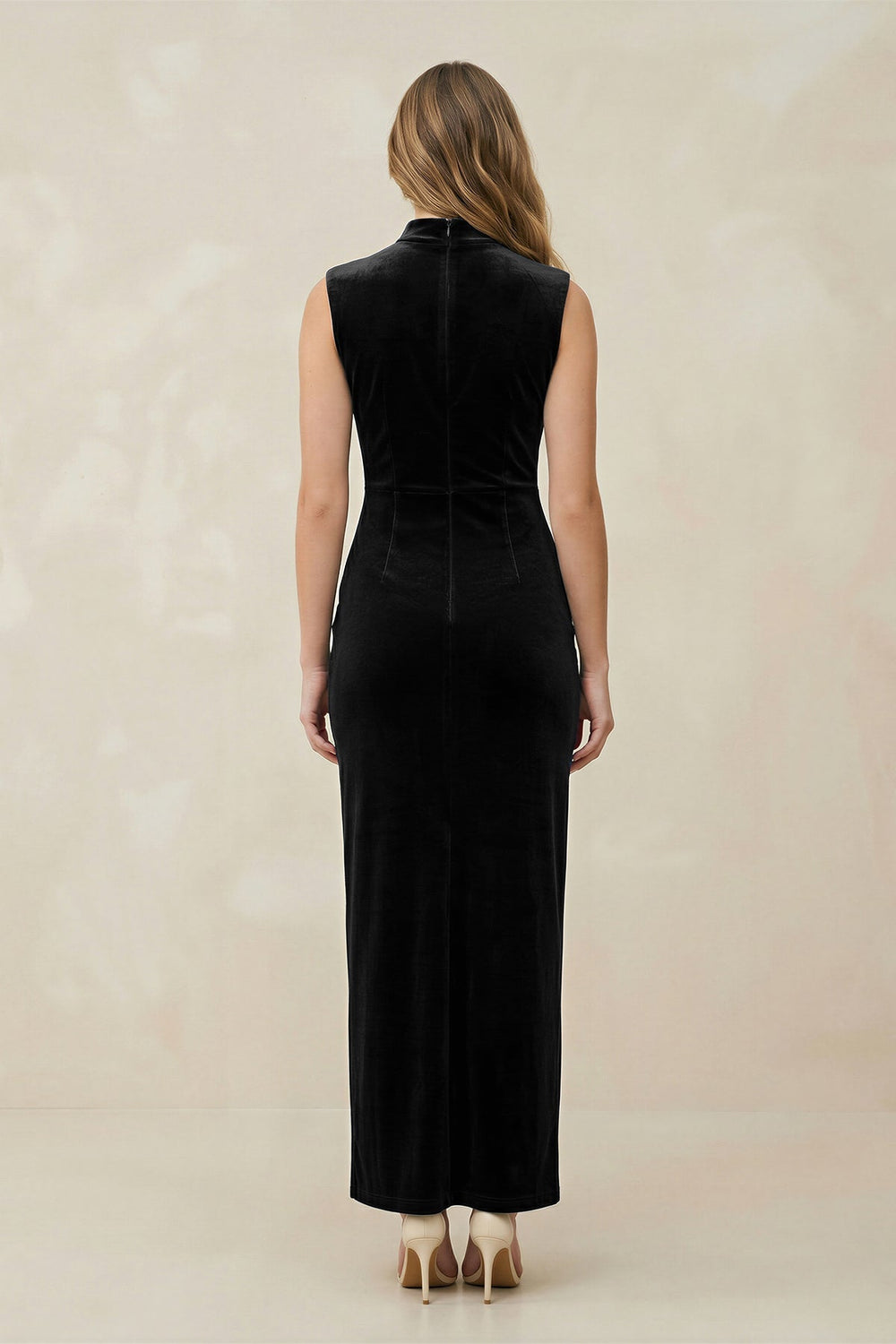 High Neck Sheath Velvet Bridesmaid Dress With Slit in Black - KissProm Bridesmaid Dresses