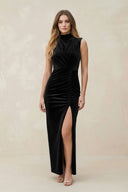 High Neck Sheath Velvet Bridesmaid Dress With Slit in Black - KissProm Bridesmaid Dresses
