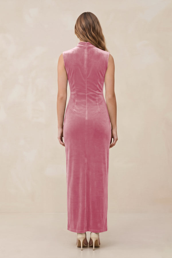 High Neck Sheath Velvet Bridesmaid Dress With Slit in Blush Pink - KissProm Bridesmaid Dresses