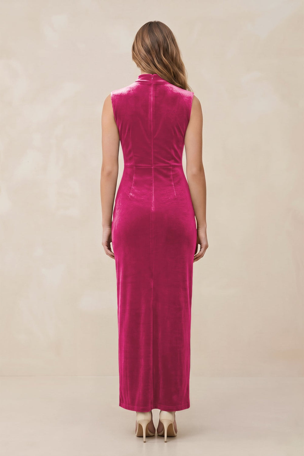 High Neck Sheath Velvet Bridesmaid Dress With Slit in Bon Bon Pink - KissProm Bridesmaid Dresses