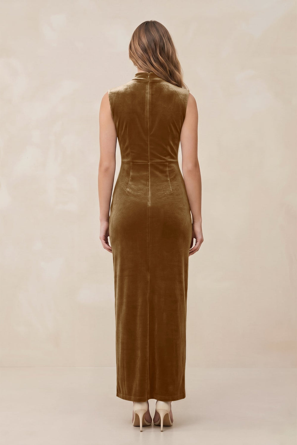 High Neck Sheath Velvet Bridesmaid Dress With Slit in Bronzer - KissProm Bridesmaid Dresses