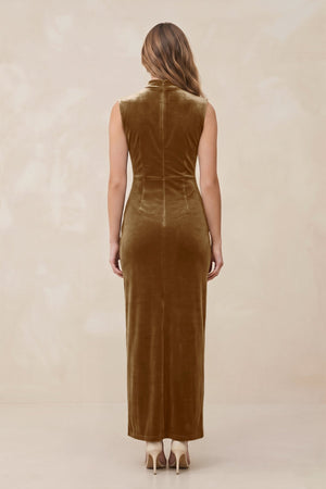 High Neck Sheath Velvet Bridesmaid Dress With Slit in Bronzer - KissProm Bridesmaid Dresses