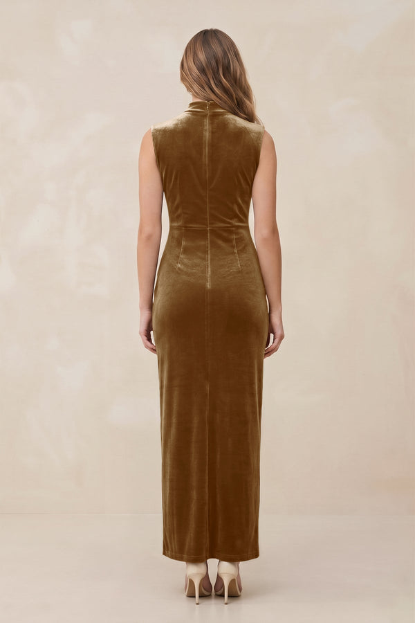 High Neck Sheath Velvet Bridesmaid Dress With Slit in Bronzer - KissProm Bridesmaid Dresses