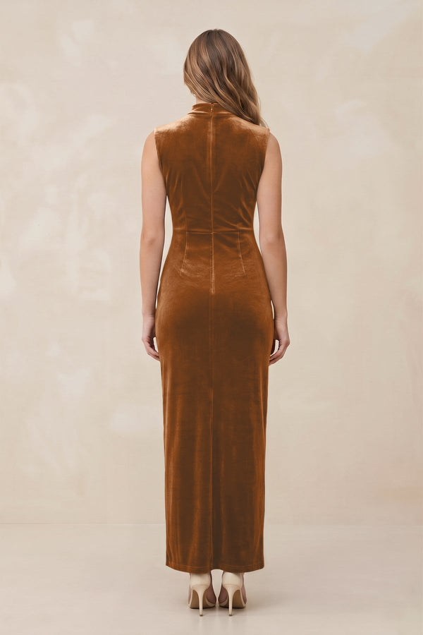 High Neck Sheath Velvet Bridesmaid Dress With Slit in Brown - KissProm Bridesmaid Dresses