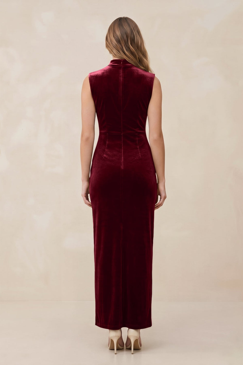 High Neck Sheath Velvet Bridesmaid Dress With Slit in Burgundy - KissProm Bridesmaid Dresses