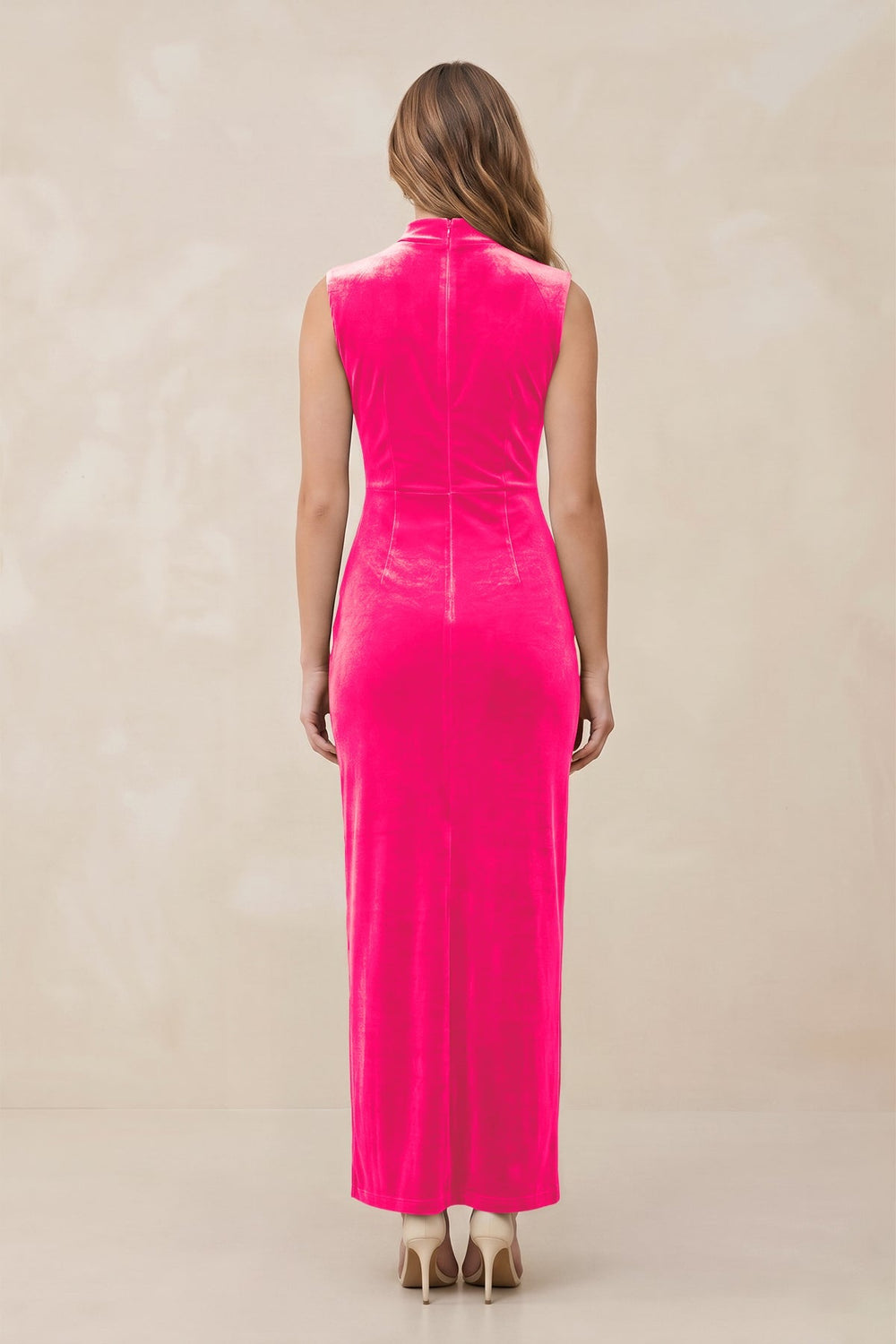 High Neck Sheath Velvet Bridesmaid Dress With Slit in Candy Pink - KissProm Bridesmaid Dresses