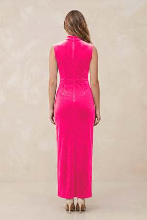 High Neck Sheath Velvet Bridesmaid Dress With Slit in Candy Pink - KissProm Bridesmaid Dresses