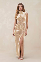 High Neck Sheath Velvet Bridesmaid Dress With Slit in Champagne - KissProm Bridesmaid Dresses