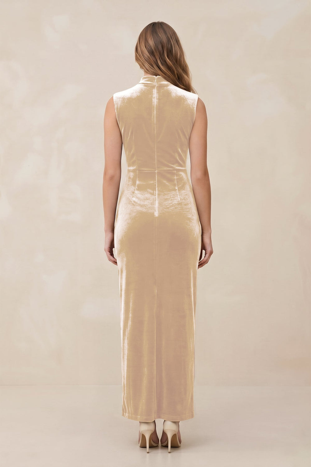 High Neck Sheath Velvet Bridesmaid Dress With Slit in Champagne - KissProm Bridesmaid Dresses