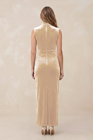 High Neck Sheath Velvet Bridesmaid Dress With Slit in Champagne - KissProm Bridesmaid Dresses