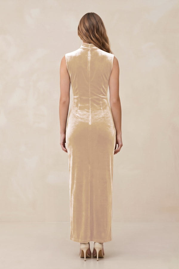 High Neck Sheath Velvet Bridesmaid Dress With Slit in Champagne - KissProm Bridesmaid Dresses