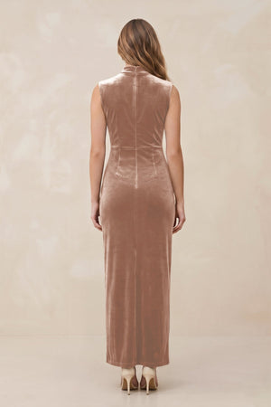 High Neck Sheath Velvet Bridesmaid Dress With Slit in Champagne Rose - KissProm Bridesmaid Dresses