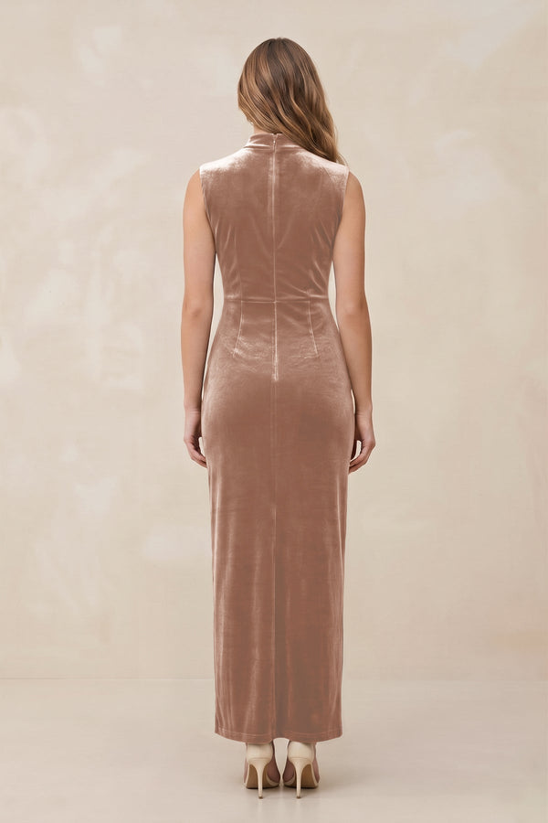 High Neck Sheath Velvet Bridesmaid Dress With Slit in Champagne Rose - KissProm Bridesmaid Dresses