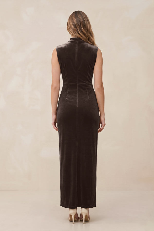High Neck Sheath Velvet Bridesmaid Dress With Slit in Chocolate High Neck Sheath Velvet Bridesmaid Dress With Slit in Chocolate