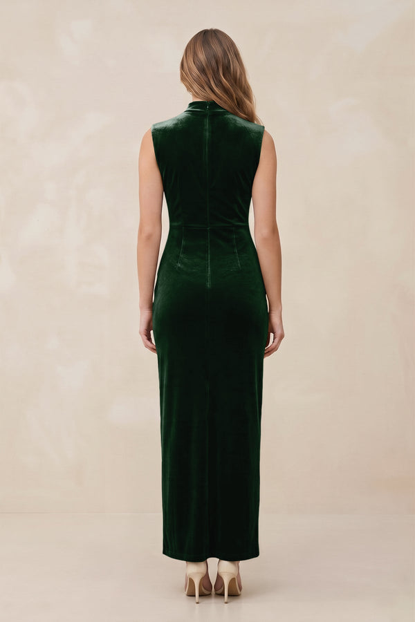 KissProm | High Neck Sheath Velvet Bridesmaid Dress With Slit in Dark Green