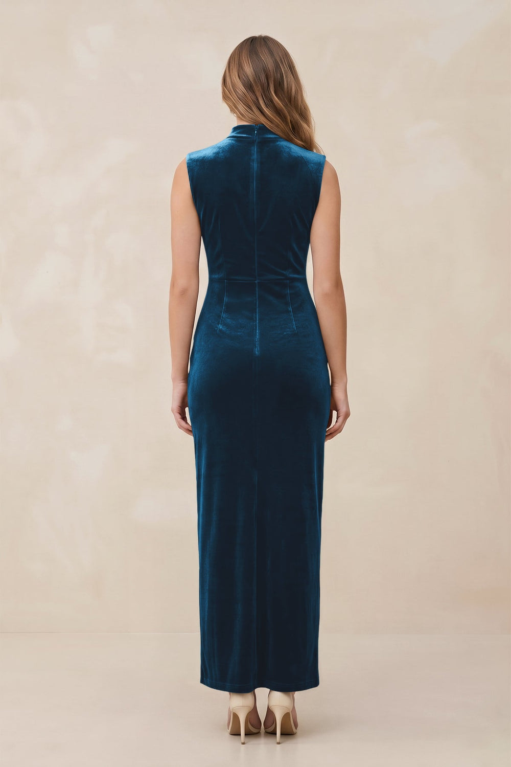 High Neck Sheath Velvet Bridesmaid Dress With Slit in Dark Teal - KissProm Bridesmaid Dresses