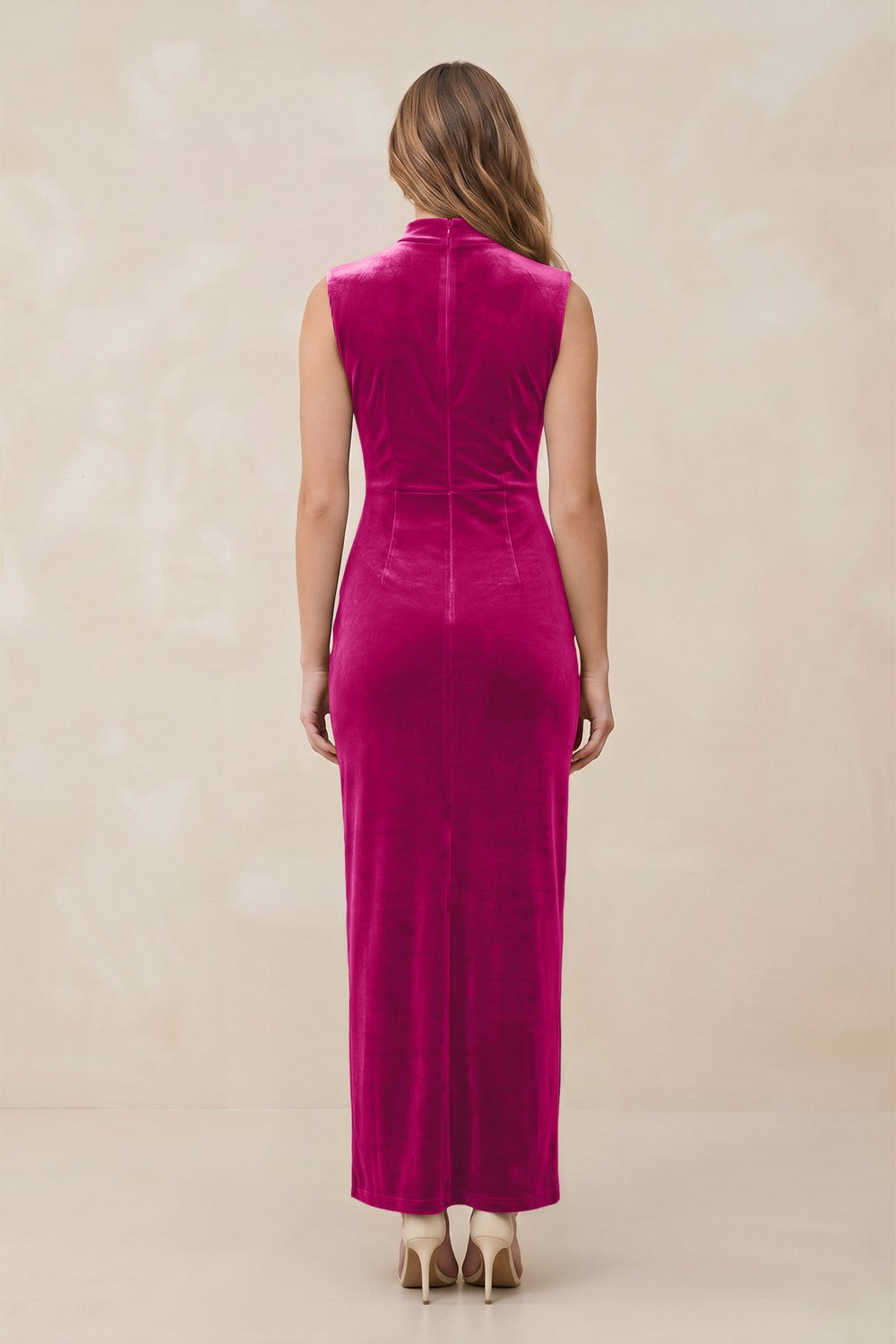 High Neck Sheath Velvet Bridesmaid Dress With Slit in Desert Rose - KissProm Bridesmaid Dresses