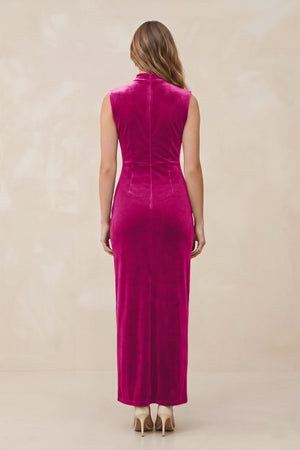 High Neck Sheath Velvet Bridesmaid Dress With Slit in Desert Rose - KissProm Bridesmaid Dresses