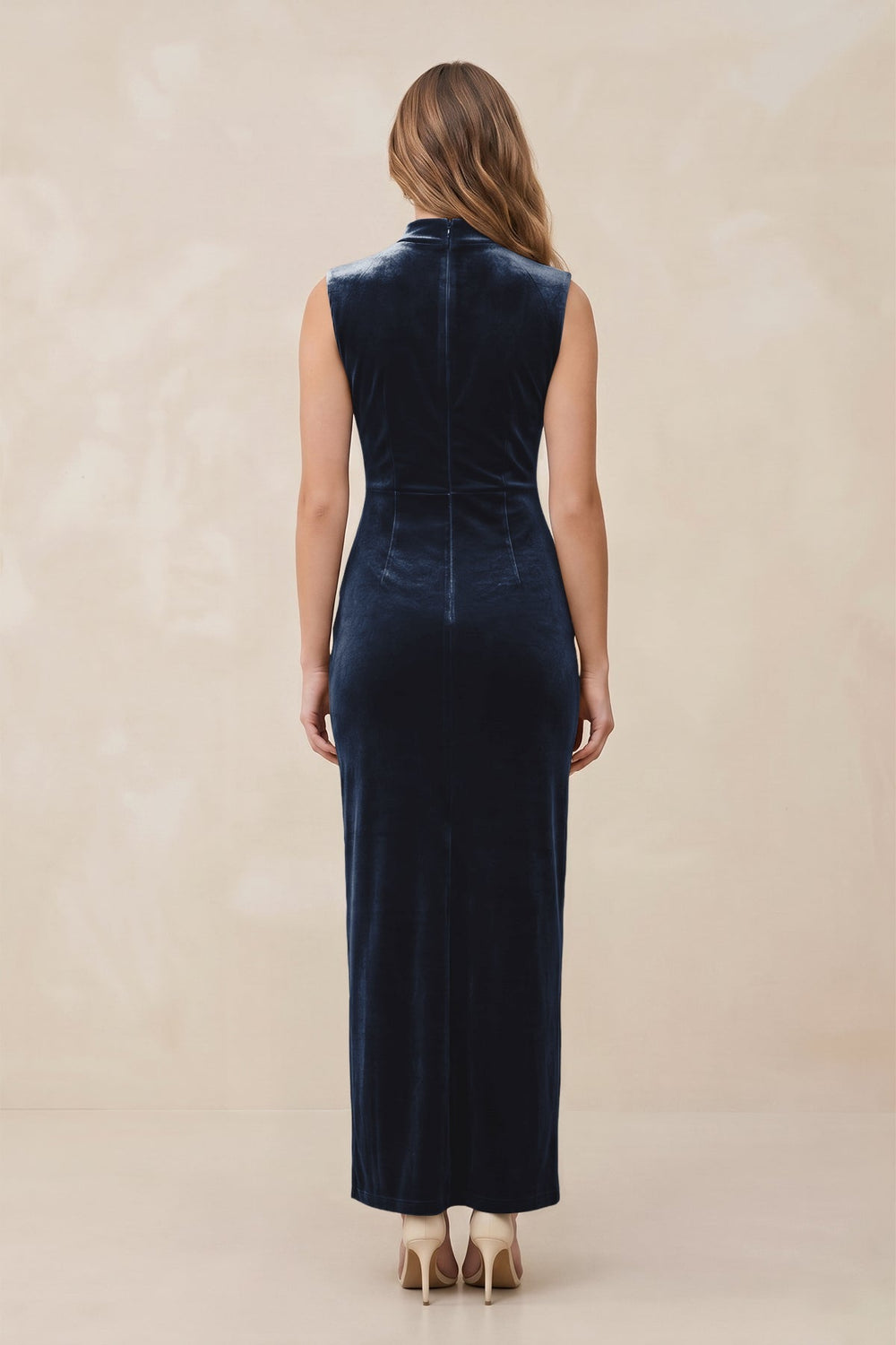 High Neck Sheath Velvet Bridesmaid Dress With Slit in Dusk Blue - KissProm Bridesmaid Dresses
