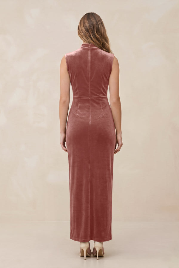 High Neck Sheath Velvet Bridesmaid Dress With Slit in Dusty Rose - KissProm Bridesmaid Dresses