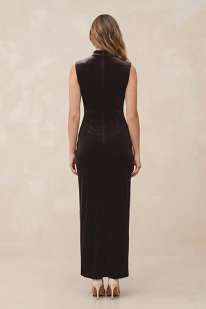 High Neck Sheath Velvet Bridesmaid Dress With Slit in Espresso - KissProm Bridesmaid Dresses