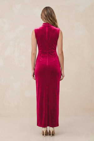 High Neck Sheath Velvet Bridesmaid Dress With Slit in Fuchsia - KissProm Bridesmaid Dresses