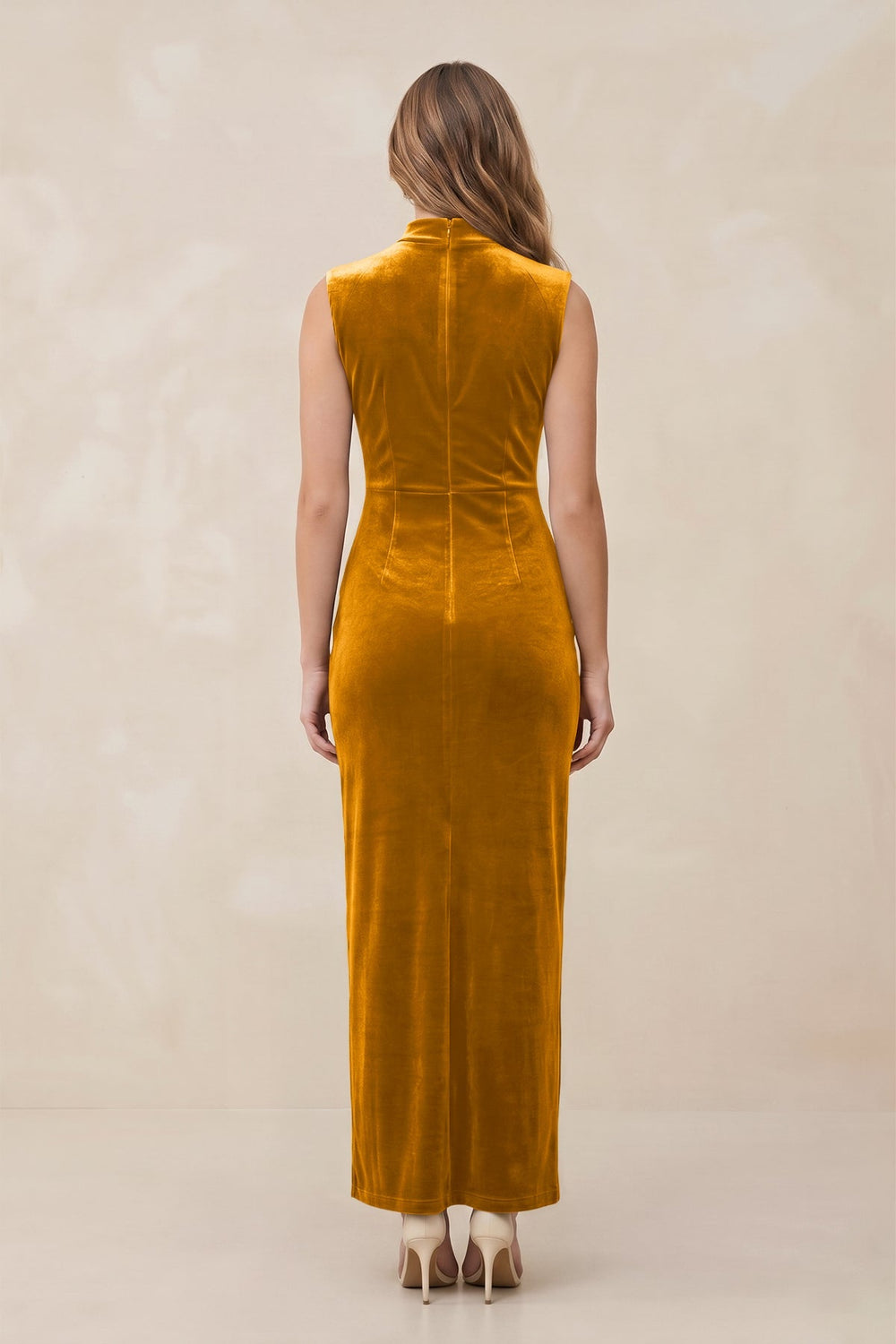 High Neck Sheath Velvet Bridesmaid Dress With Slit in Gold - KissProm Bridesmaid Dresses