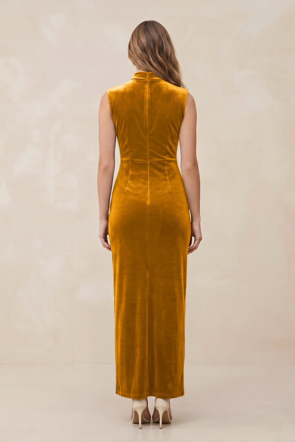 High Neck Sheath Velvet Bridesmaid Dress With Slit in Gold - KissProm Bridesmaid Dresses