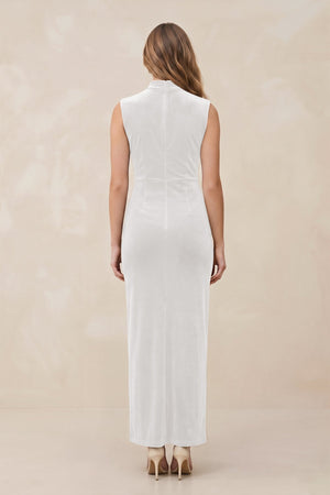 High Neck Sheath Velvet Bridesmaid Dress With Slit in Ivory - KissProm Bridesmaid Dresses