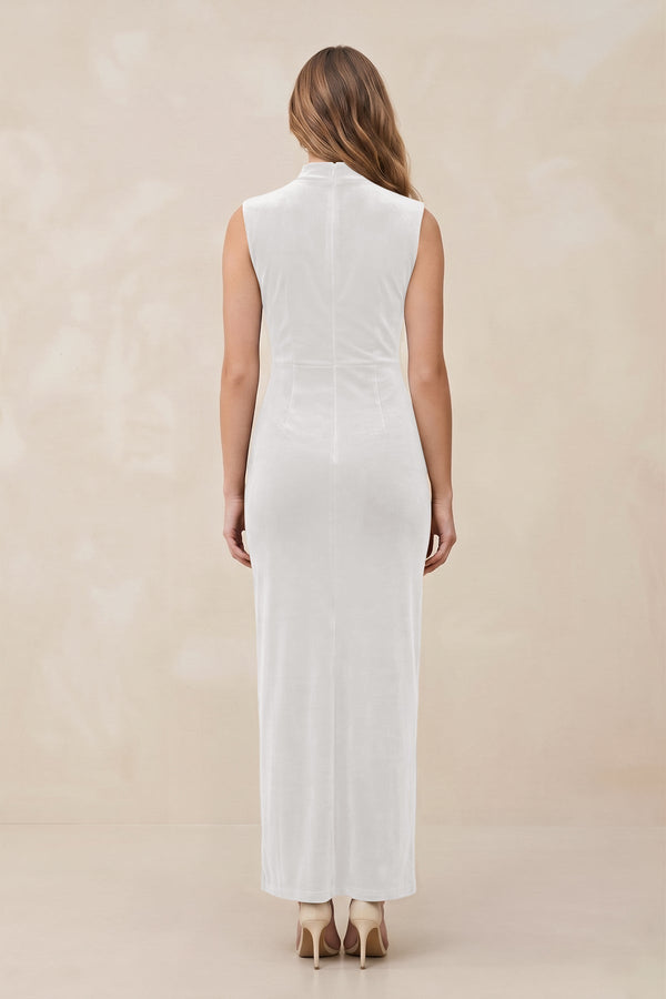 High Neck Sheath Velvet Bridesmaid Dress With Slit in Ivory - KissProm Bridesmaid Dresses