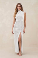 High Neck Sheath Velvet Bridesmaid Dress With Slit in Ivory - KissProm Bridesmaid Dresses
