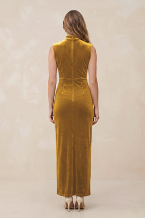 High Neck Sheath Velvet Bridesmaid Dress With Slit in Marigold - KissProm Bridesmaid Dresses