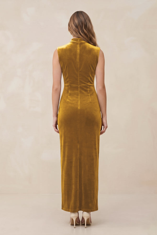 High Neck Sheath Velvet Bridesmaid Dress With Slit in Marigold - KissProm Bridesmaid Dresses