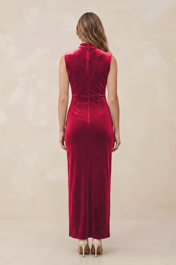 High Neck Sheath Velvet Bridesmaid Dress With Slit in Merlot - KissProm Bridesmaid Dresses