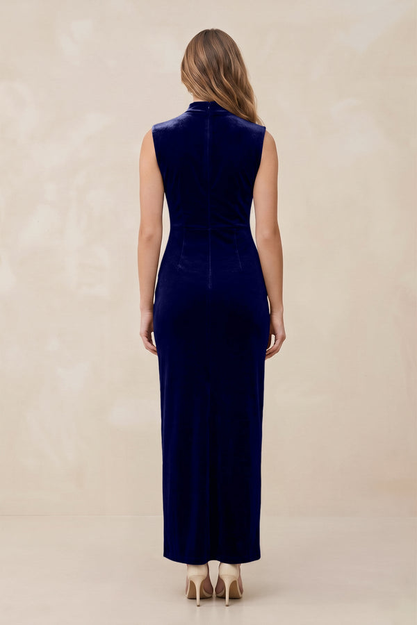 High Neck Sheath Velvet Bridesmaid Dress With Slit in Navy - KissProm Bridesmaid Dresses