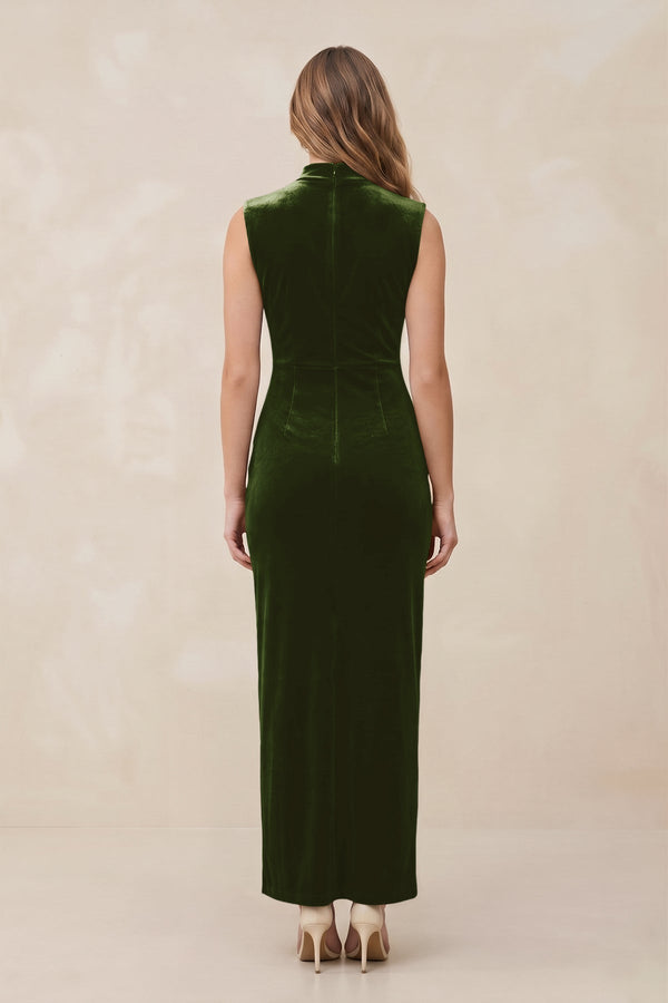 High Neck Sheath Velvet Bridesmaid Dress With Slit in Olive - KissProm Bridesmaid Dresses