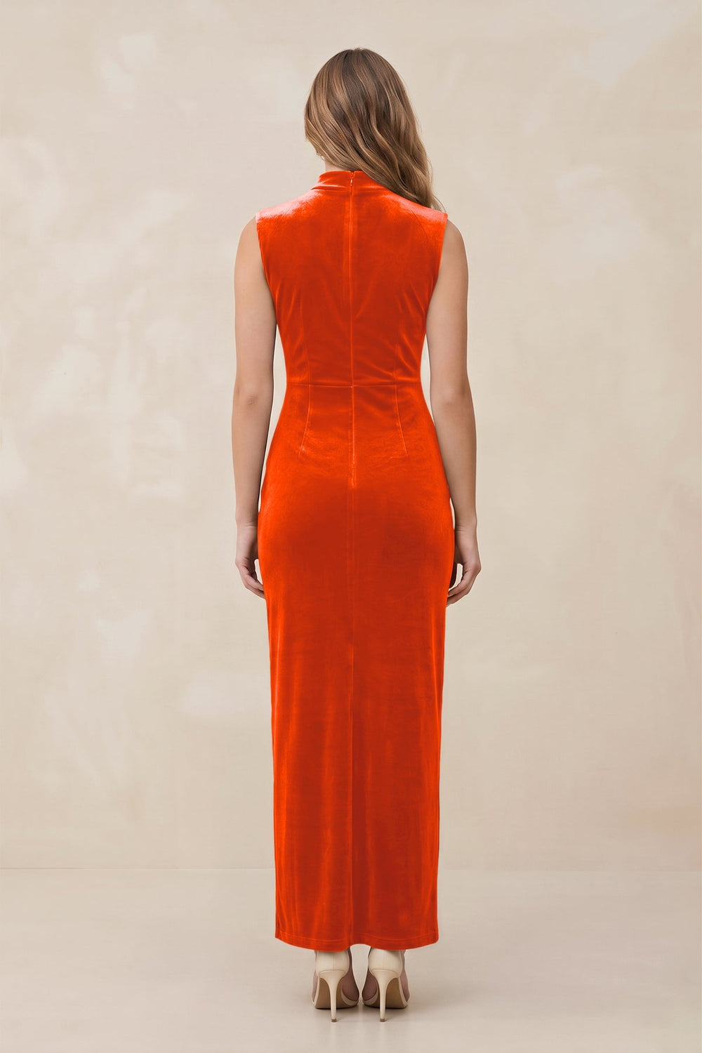 High Neck Sheath Velvet Bridesmaid Dress With Slit in Orange - KissProm Bridesmaid Dresses