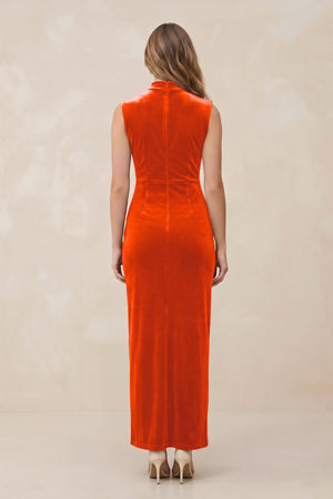 High Neck Sheath Velvet Bridesmaid Dress With Slit in Orange - KissProm Bridesmaid Dresses