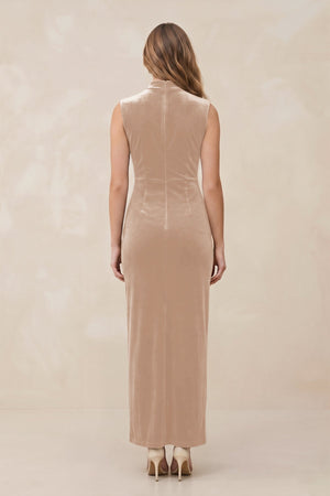 High Neck Sheath Velvet Bridesmaid Dress With Slit in Pale Blush - KissProm Bridesmaid Dresses