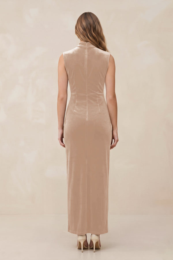 High Neck Sheath Velvet Bridesmaid Dress With Slit in Pale Blush - KissProm Bridesmaid Dresses