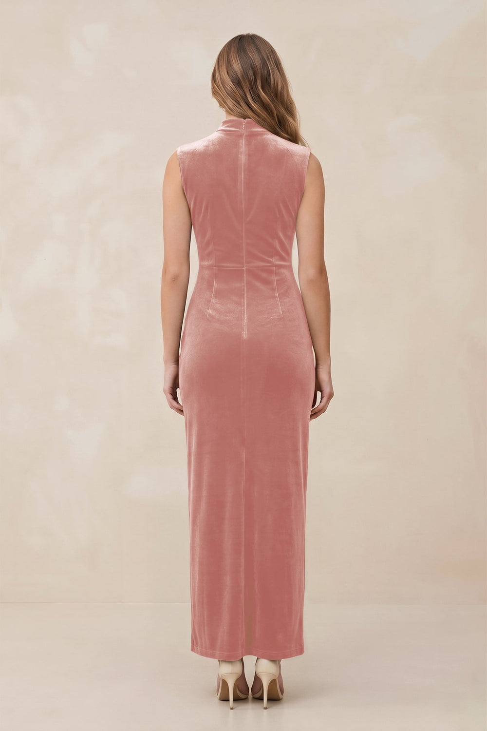 High Neck Sheath Velvet Bridesmaid Dress With Slit in Rose Petal - KissProm Bridesmaid Dresses