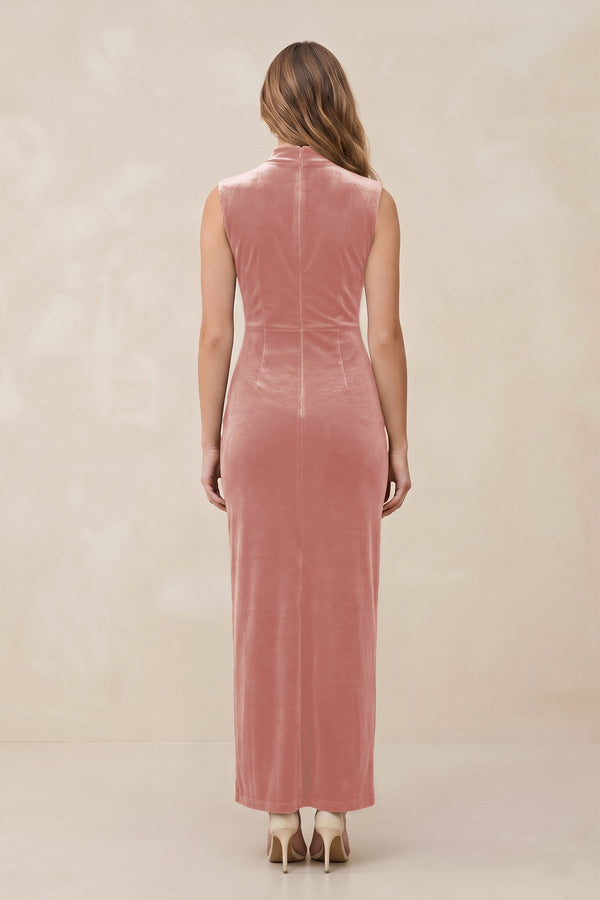 High Neck Sheath Velvet Bridesmaid Dress With Slit in Rose Petal - KissProm Bridesmaid Dresses