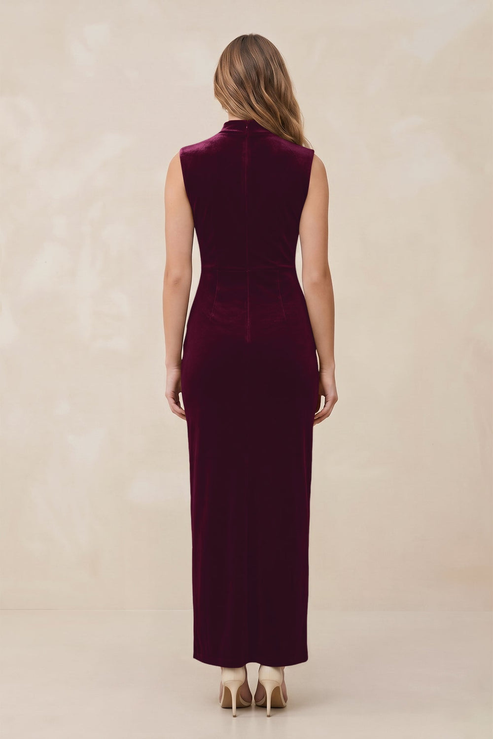 High Neck Sheath Velvet Bridesmaid Dress With Slit in Sangria - KissProm Bridesmaid Dresses