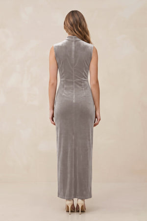 High Neck Sheath Velvet Bridesmaid Dress With Slit in Silver - KissProm Bridesmaid Dresses